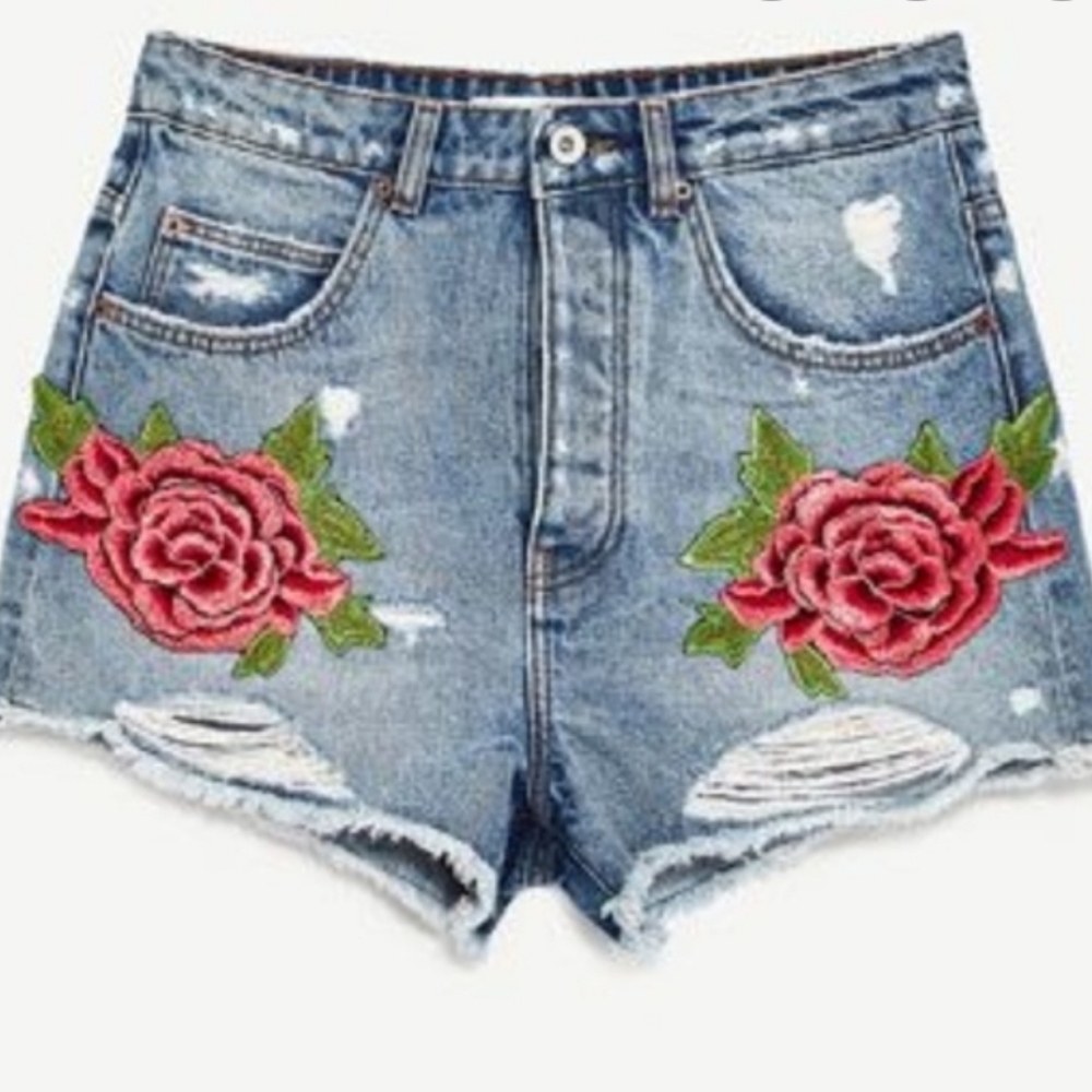 Zara High Waist Rose Floral Embroidered Shorts
